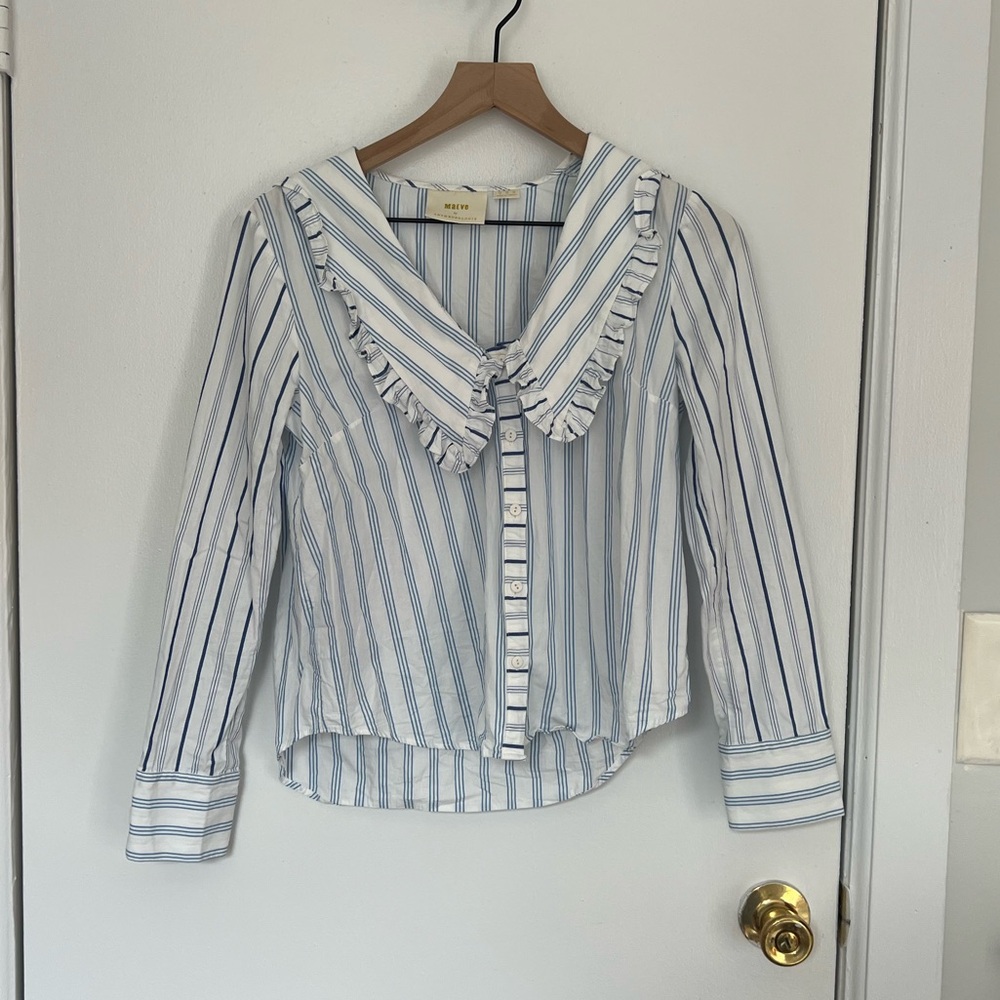 Maeve Blue and White Striped Ruffle Blouse